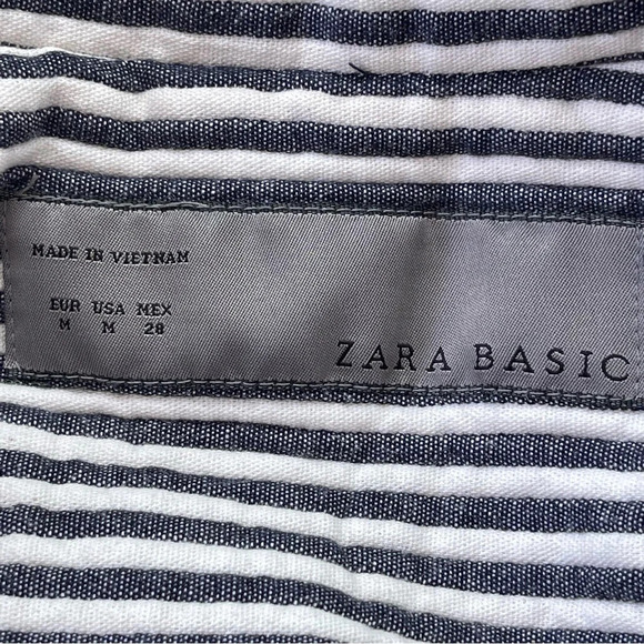 Zara striped Belt Cotton pea Coat Size M white black mock neck pockets - Picture 11 of 11